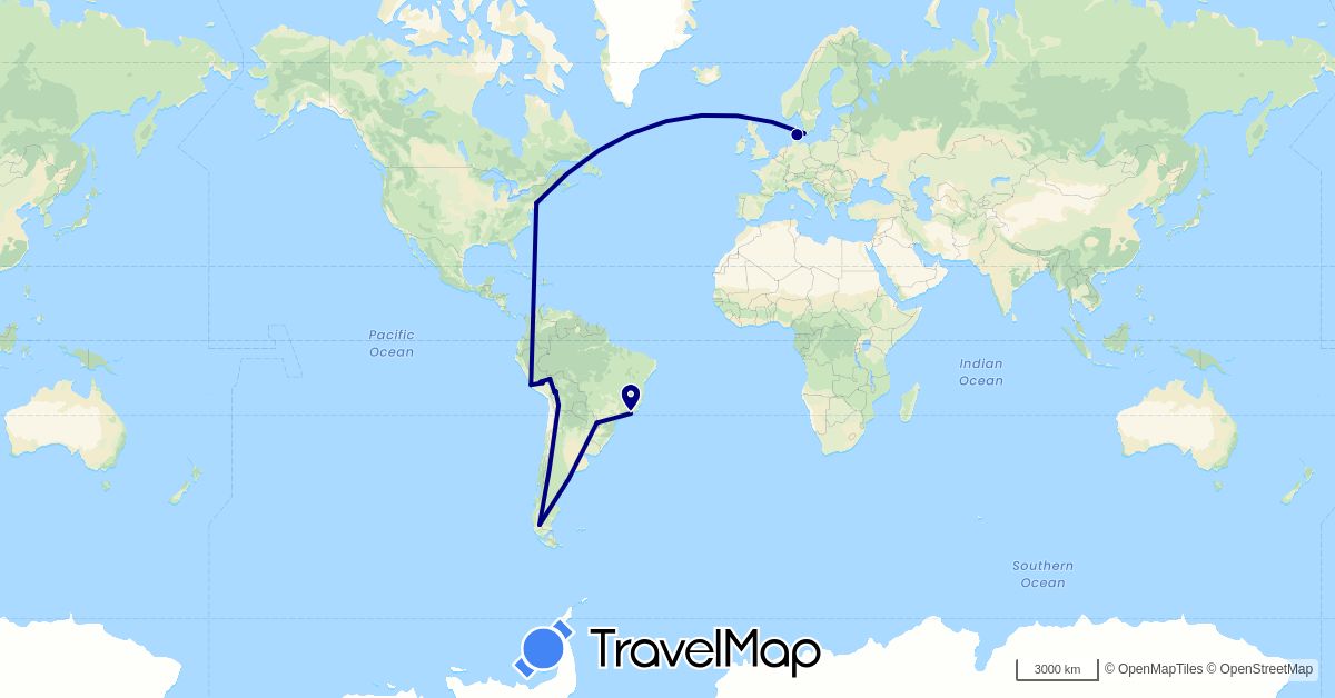 TravelMap itinerary: driving in Bolivia, Brazil, Chile, Denmark, Peru, United States (Europe, North America, South America)
